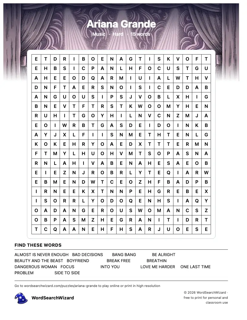 Ariana Grande word search printable sheet, 15 words to find