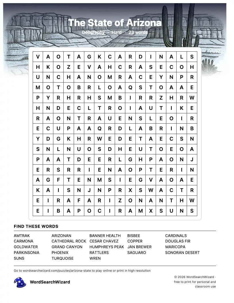 The State of Arizona word search printable sheet, 23 words to find
