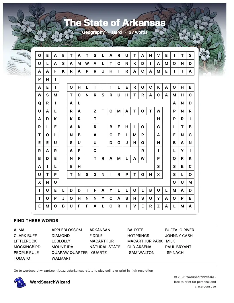 The State of Arkansas word search printable sheet, 27 words to find