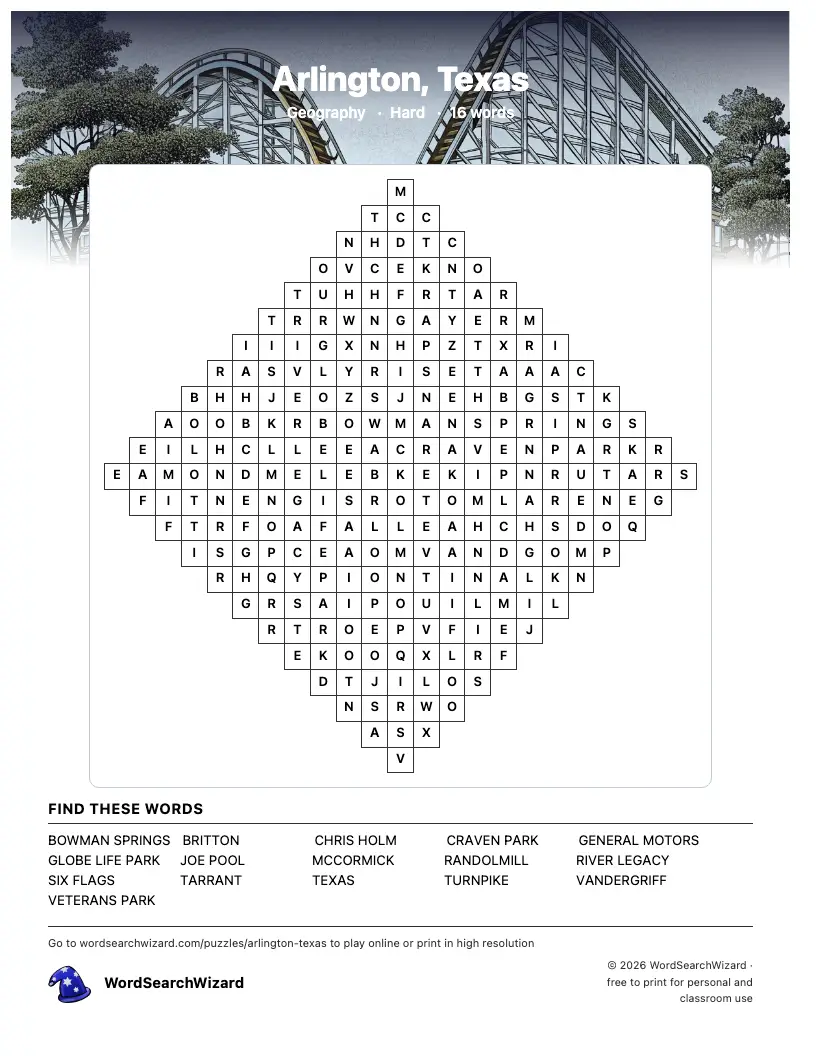 Arlington, Texas word search printable sheet, 16 words to find