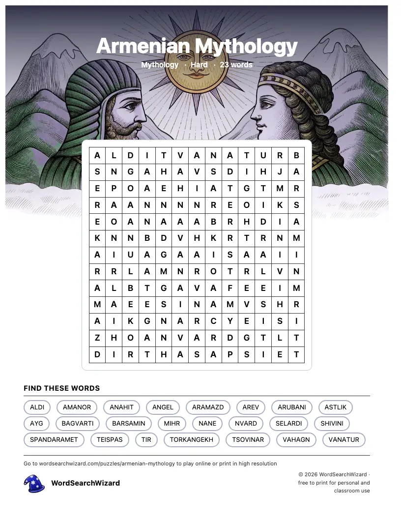 Armenian Mythology word search printable sheet, 23 words to find