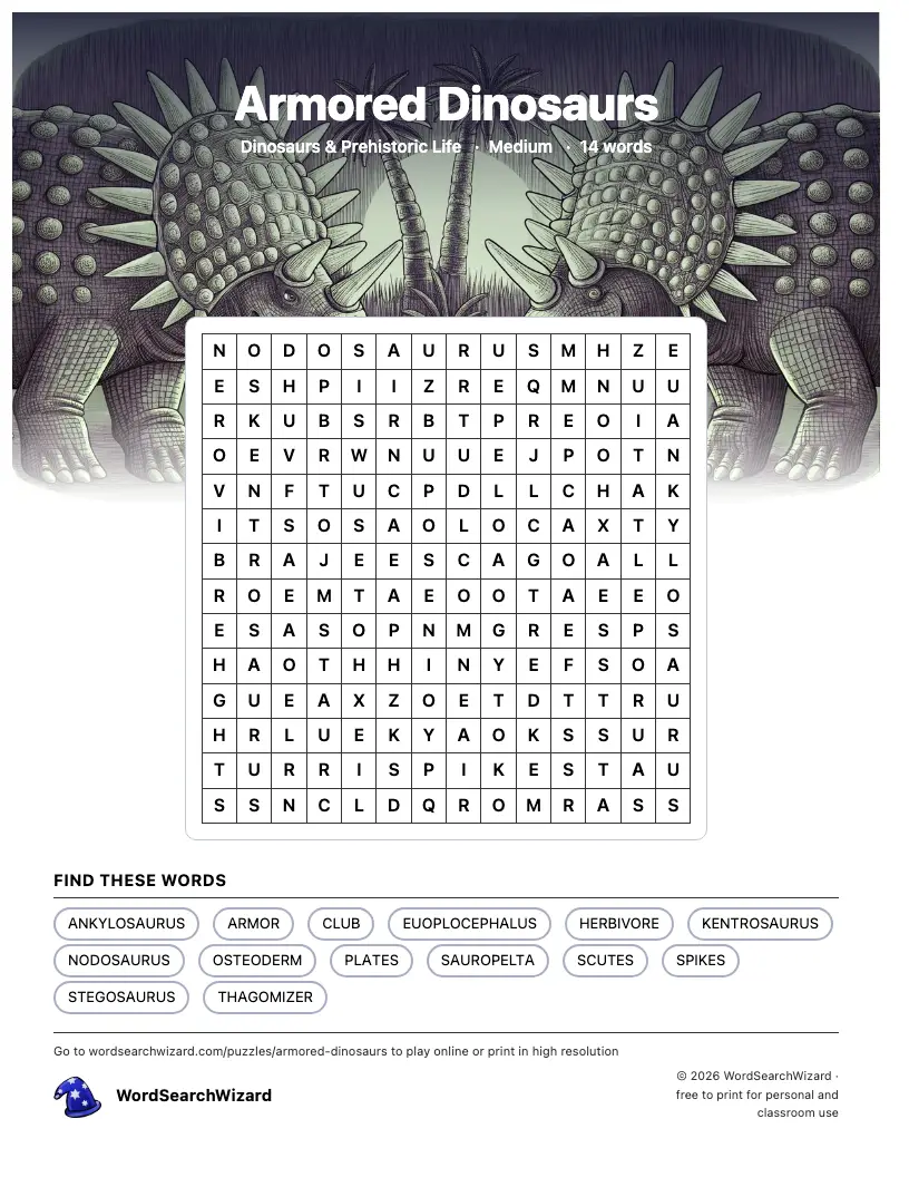 Armored Dinosaurs word search printable sheet, 14 words to find