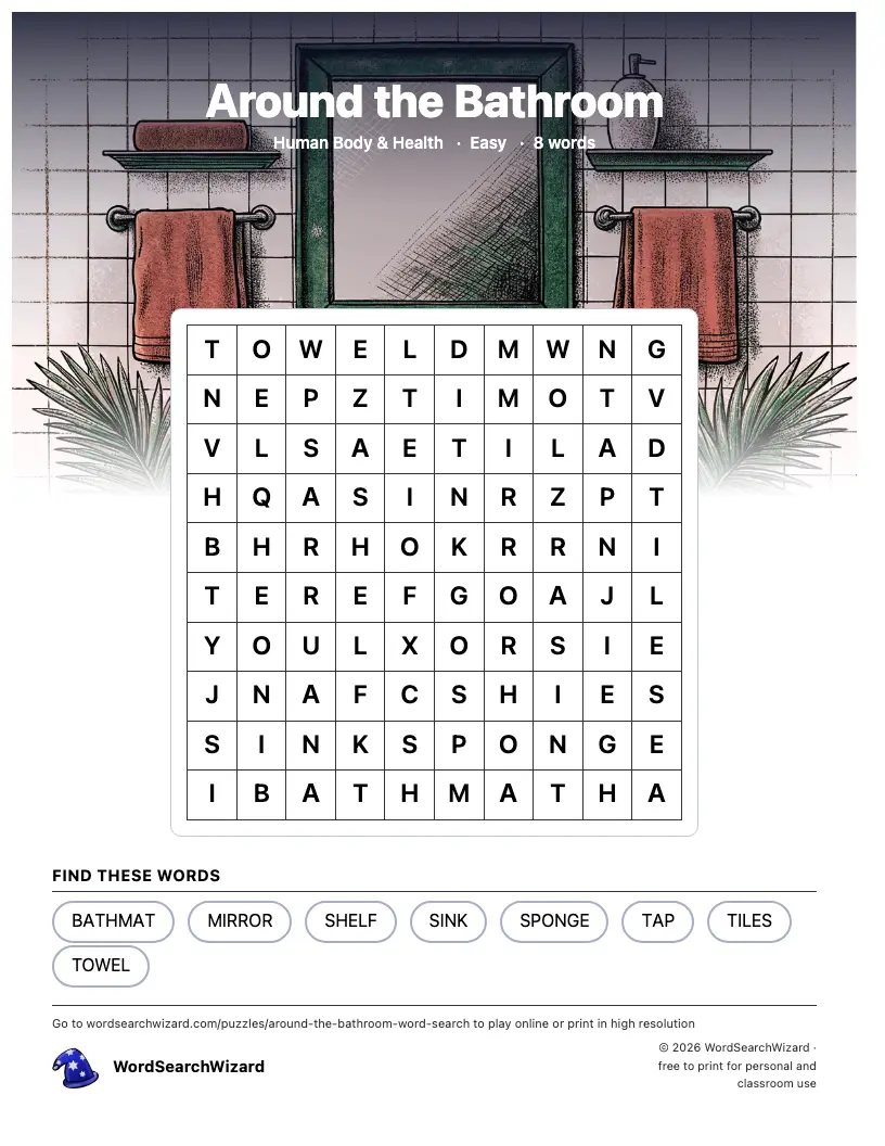Around the Bathroom word search printable sheet, 8 words to find