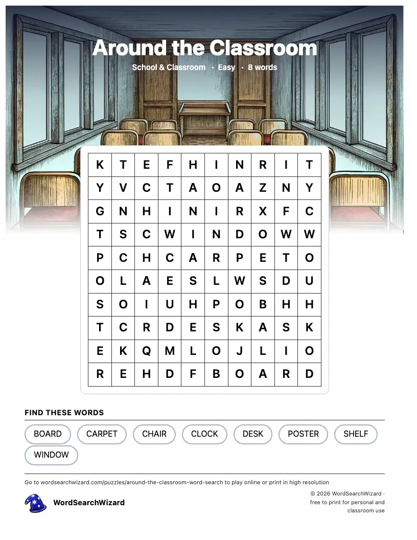 Around the Classroom word search printable sheet, 8 words to find