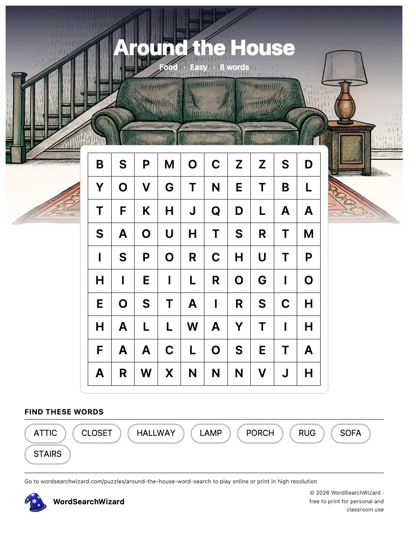 Around the House word search printable sheet, 8 words to find