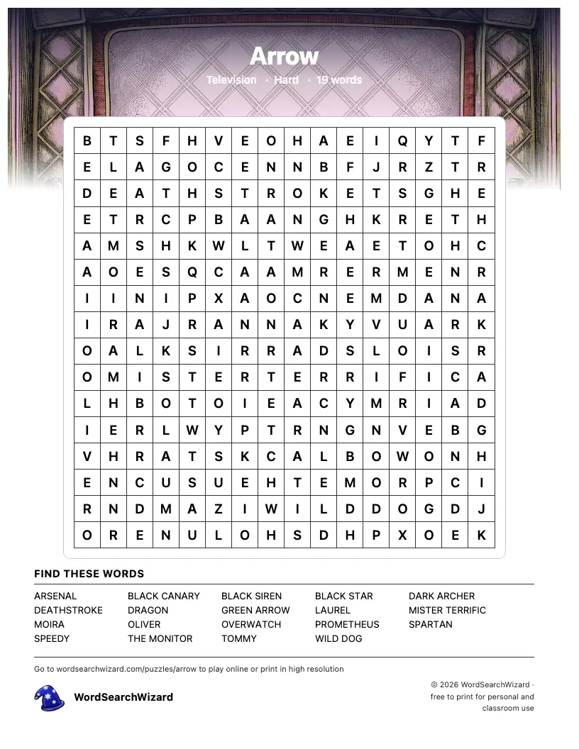 Arrow word search printable sheet, 19 words to find