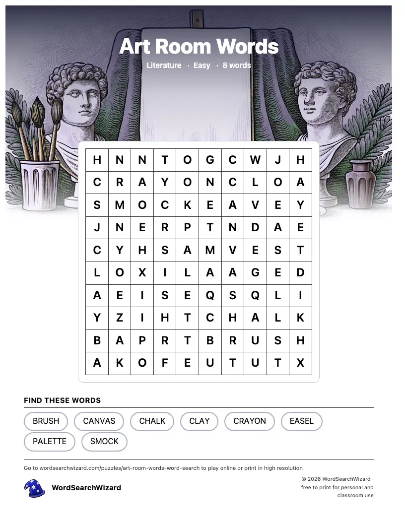 Art Room Words word search printable sheet, 8 words to find