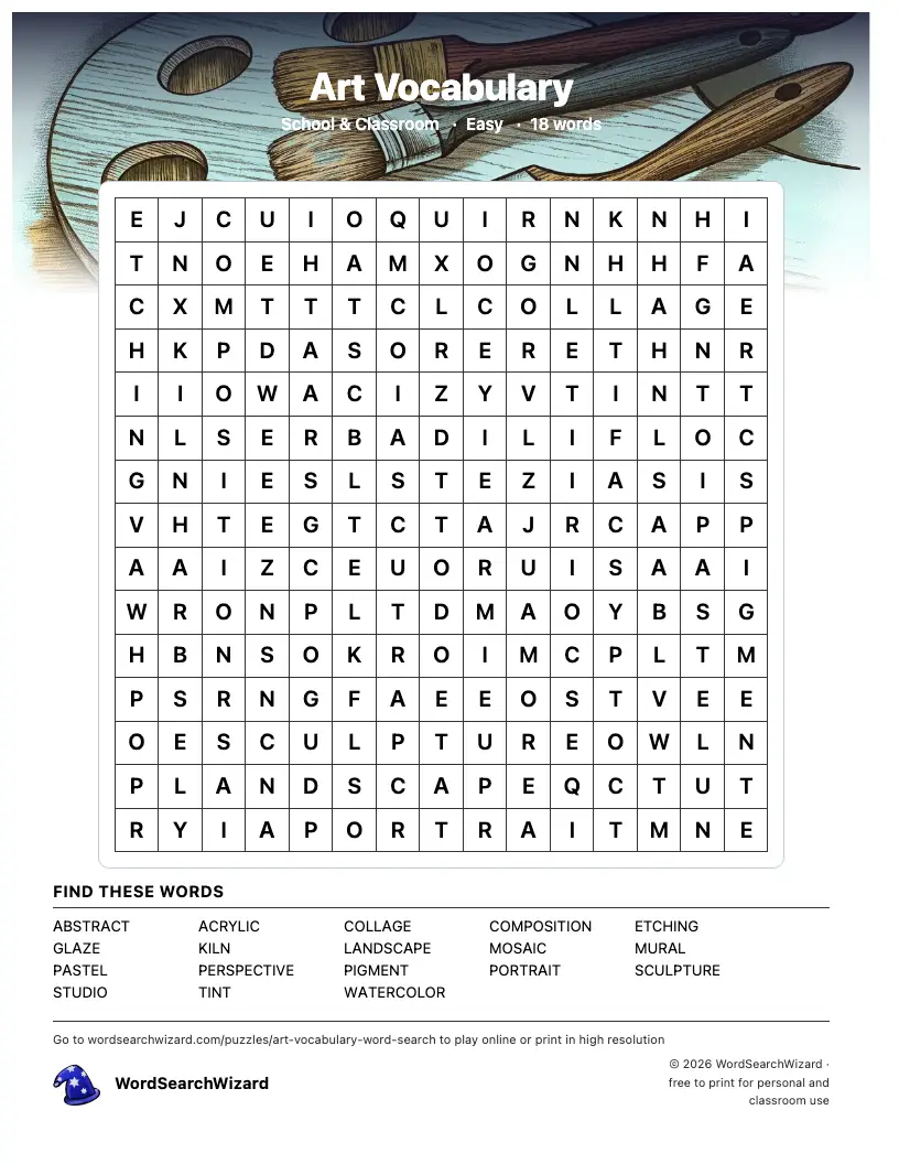 Art Vocabulary word search printable sheet, 18 words to find