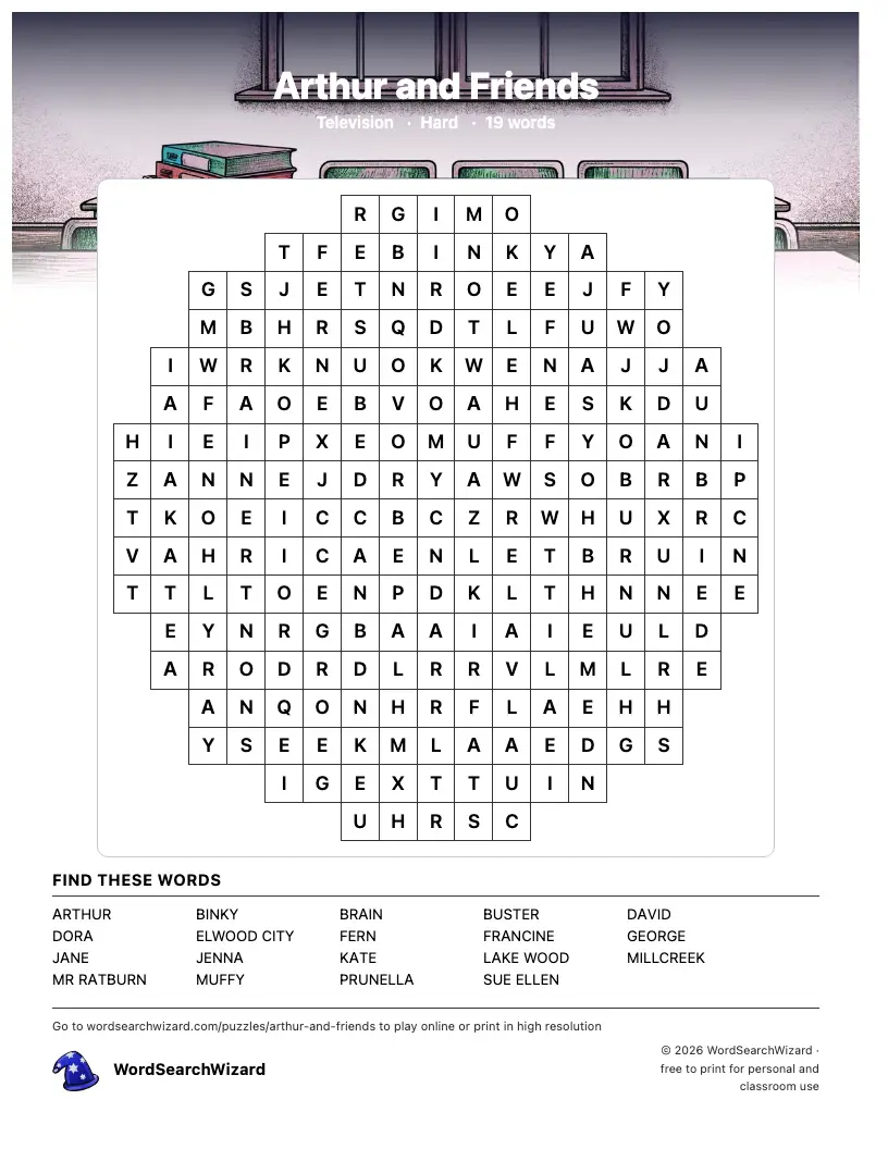 Arthur and Friends word search printable sheet, 19 words to find