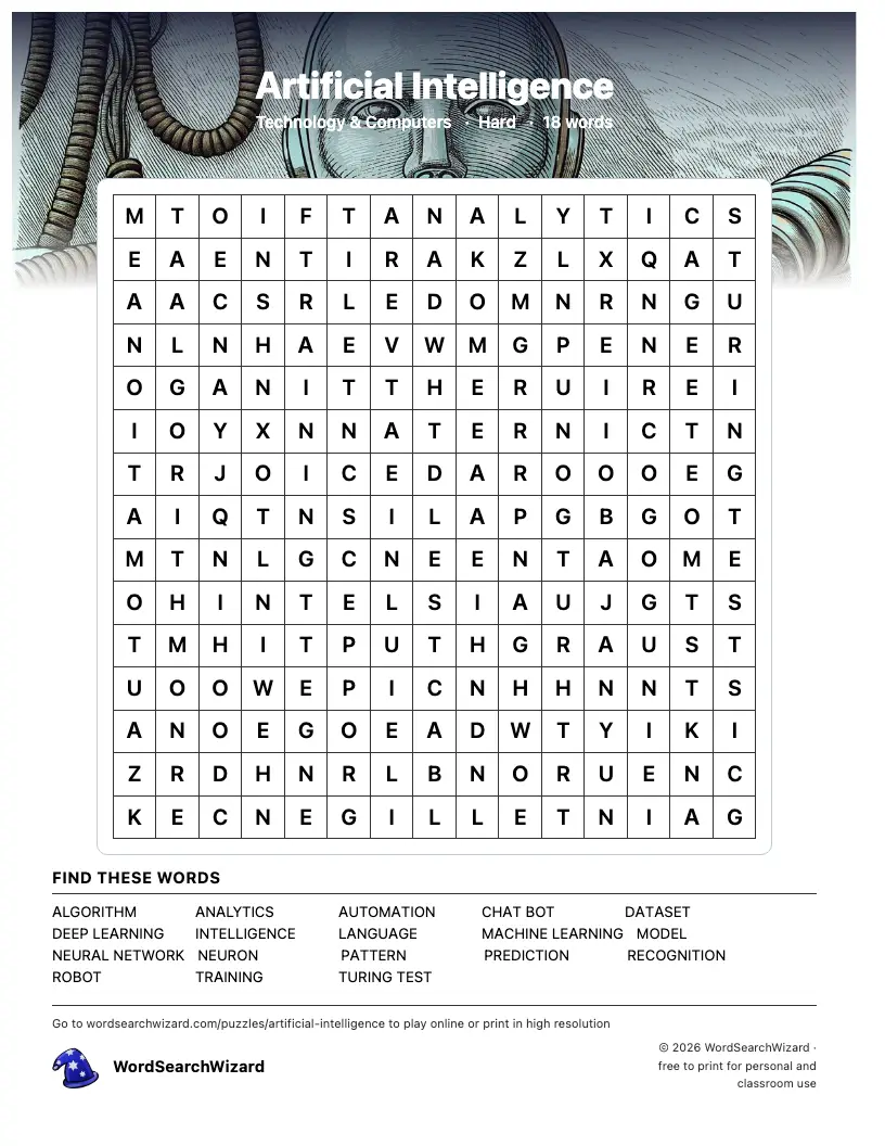 Artificial Intelligence word search printable sheet, 18 words to find