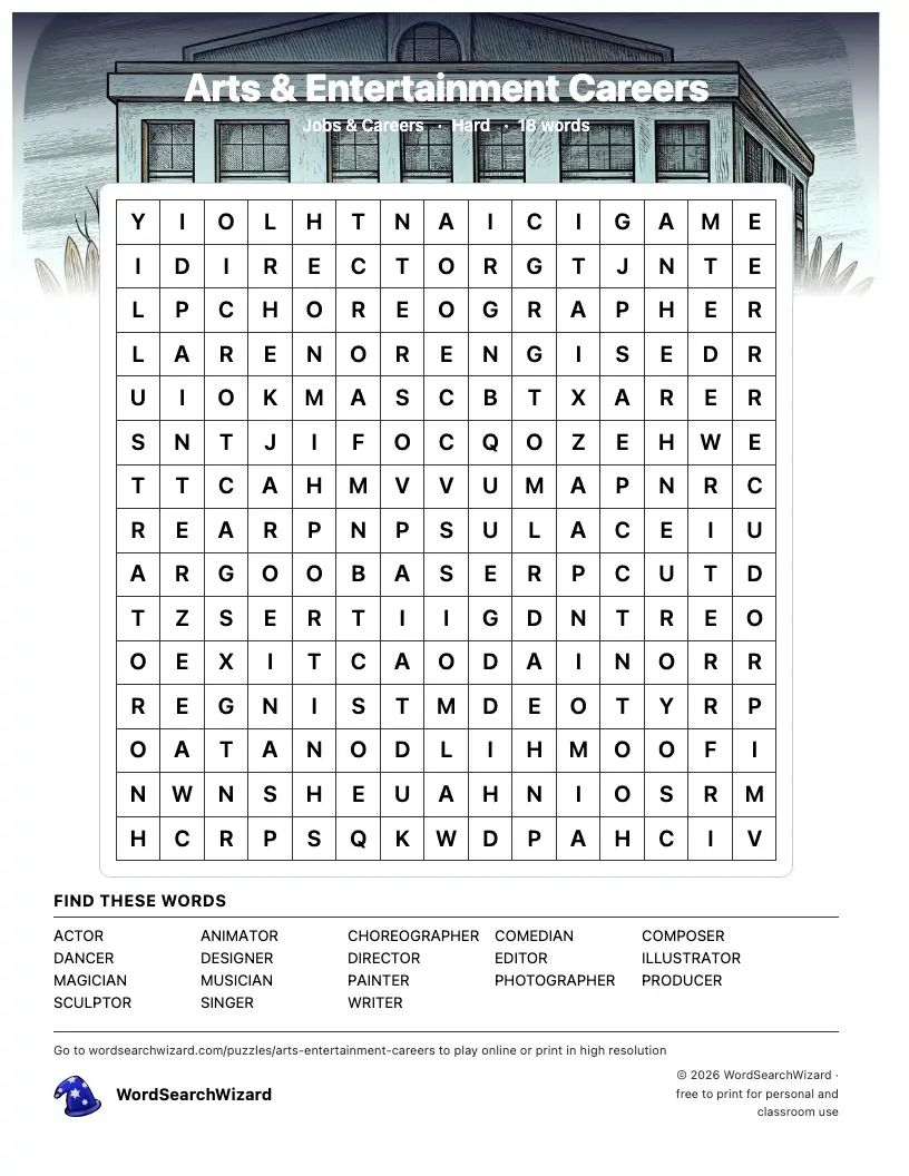 Arts & Entertainment Careers word search printable sheet, 18 words to find