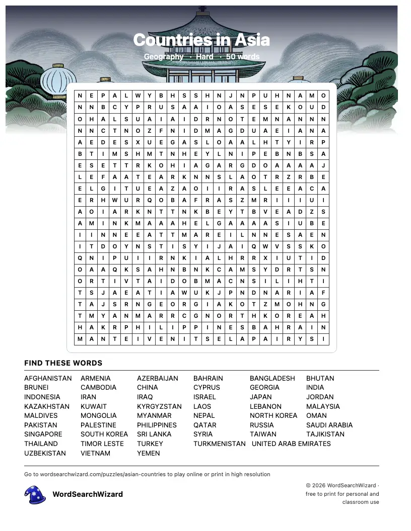 Countries in Asia word search printable sheet, 50 words to find