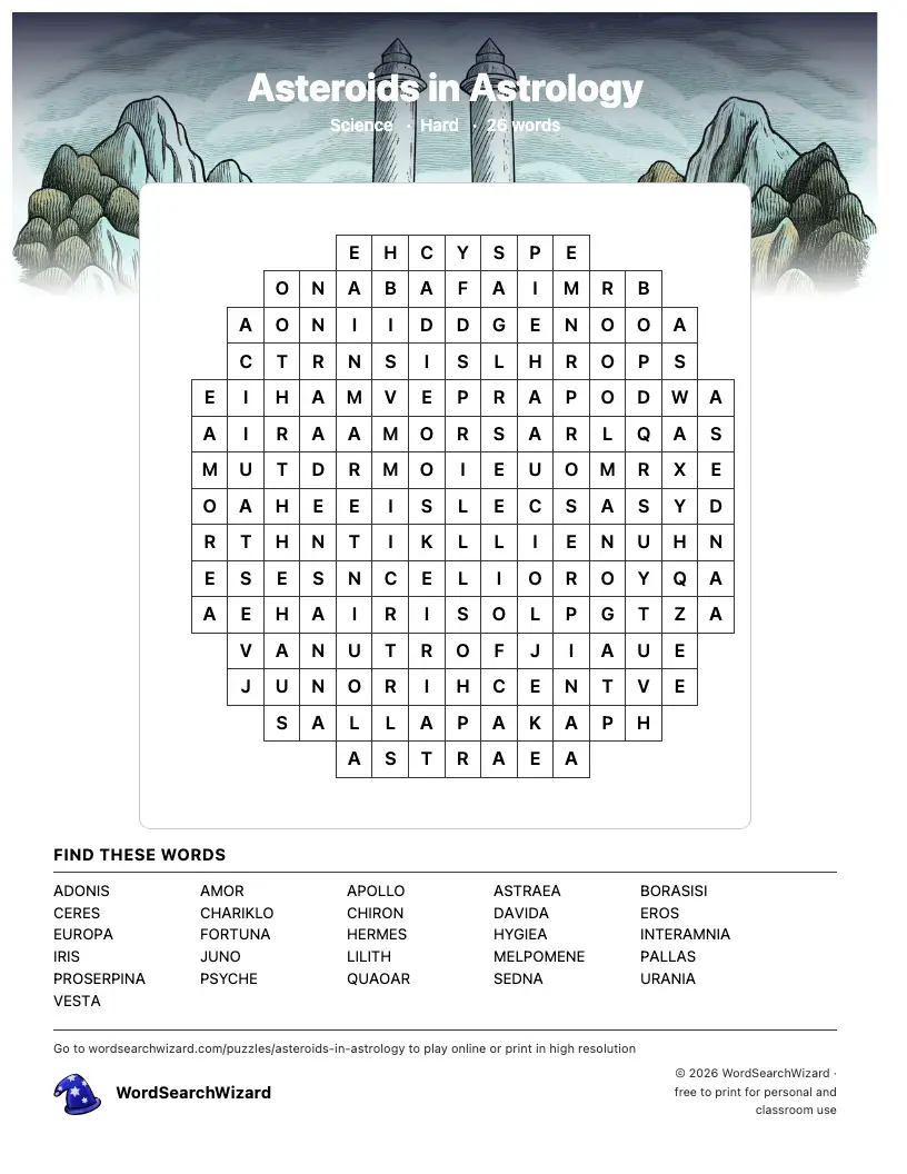 Asteroids in Astrology word search printable sheet, 26 words to find