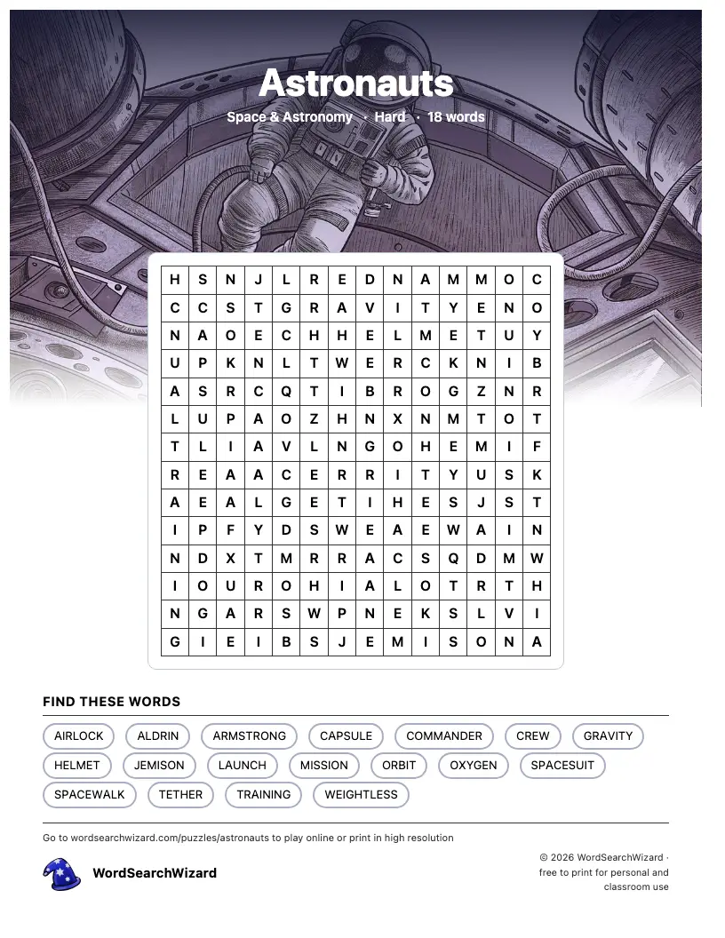 Astronauts word search printable sheet, 18 words to find