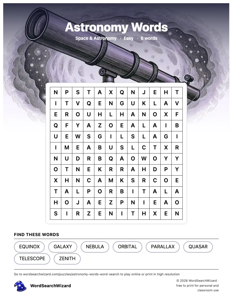 Astronomy Words word search printable sheet, 8 words to find
