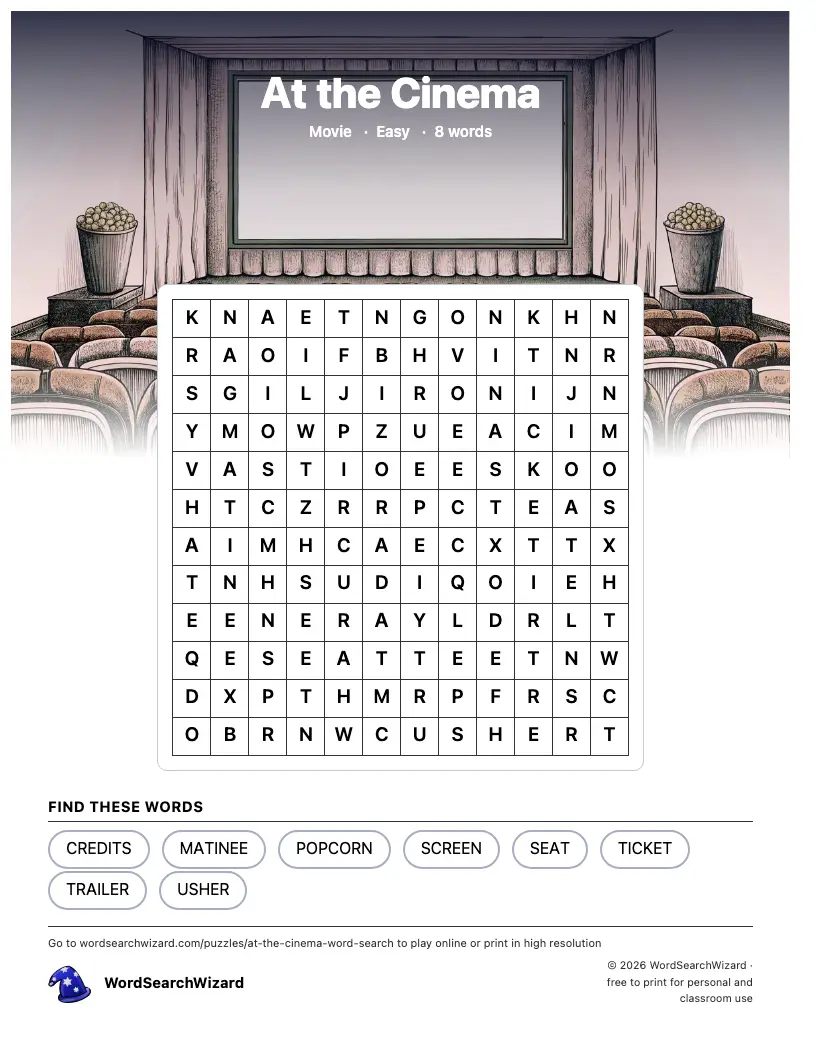 At the Cinema word search printable sheet, 8 words to find