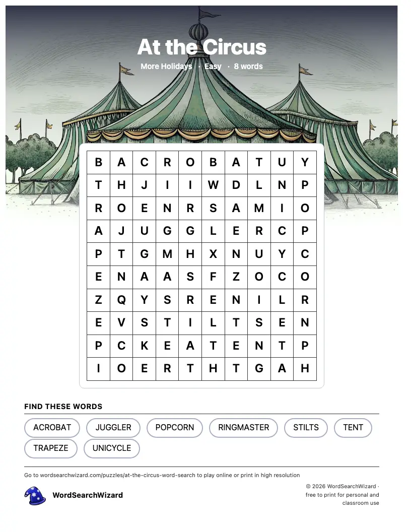At the Circus word search printable sheet, 8 words to find