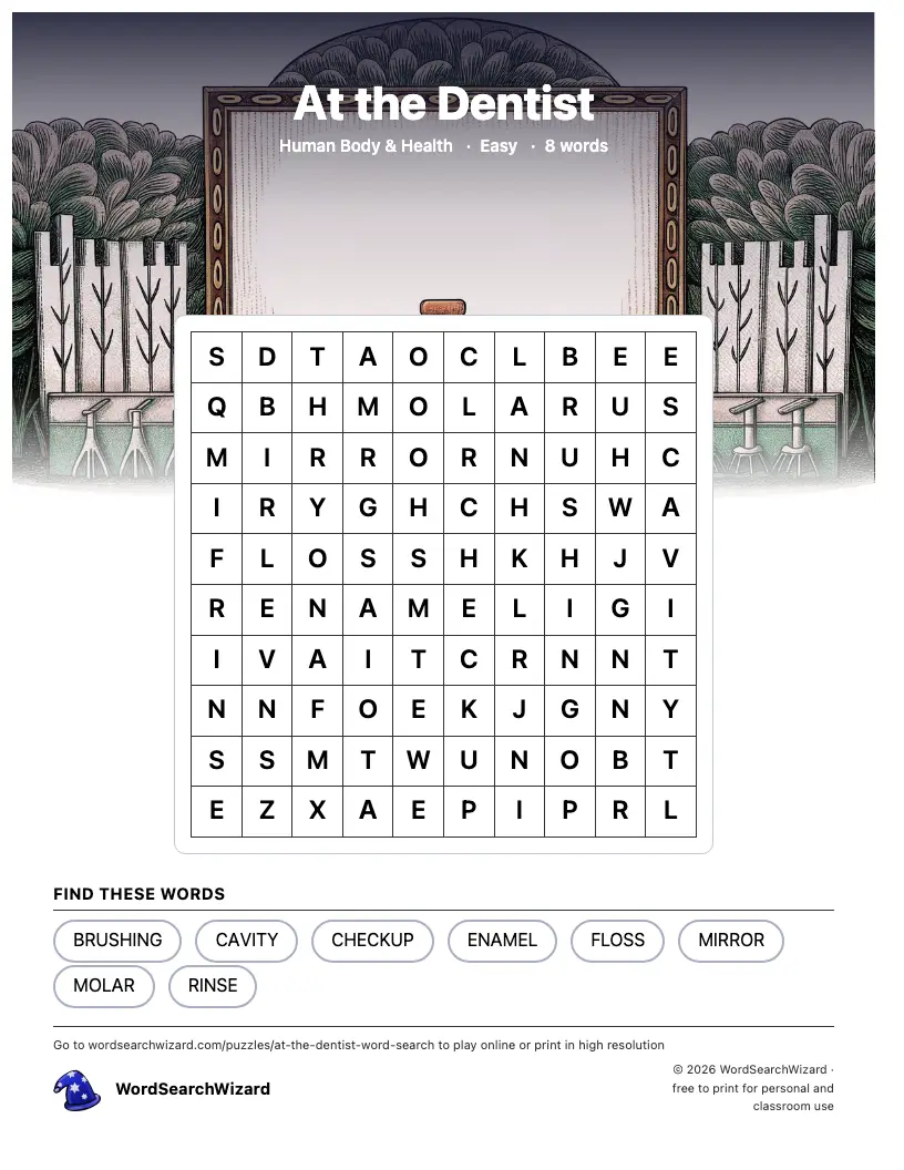 At the Dentist word search printable sheet, 8 words to find