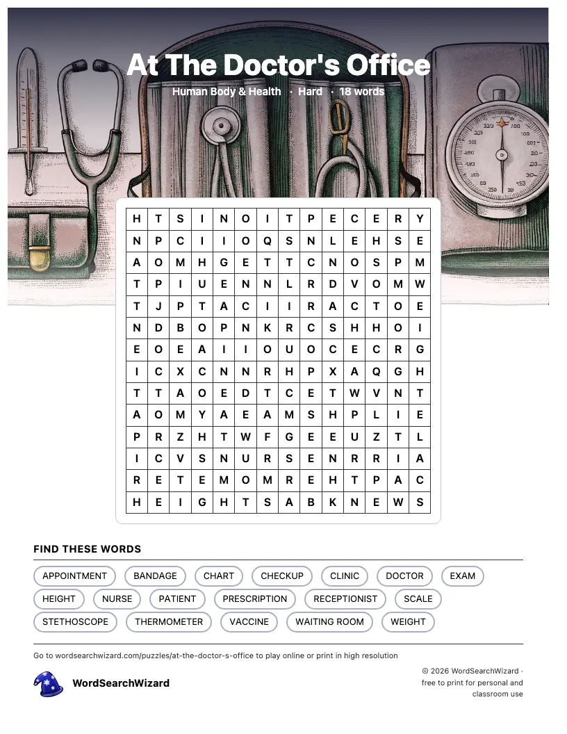 At The Doctor's Office word search printable sheet, 18 words to find
