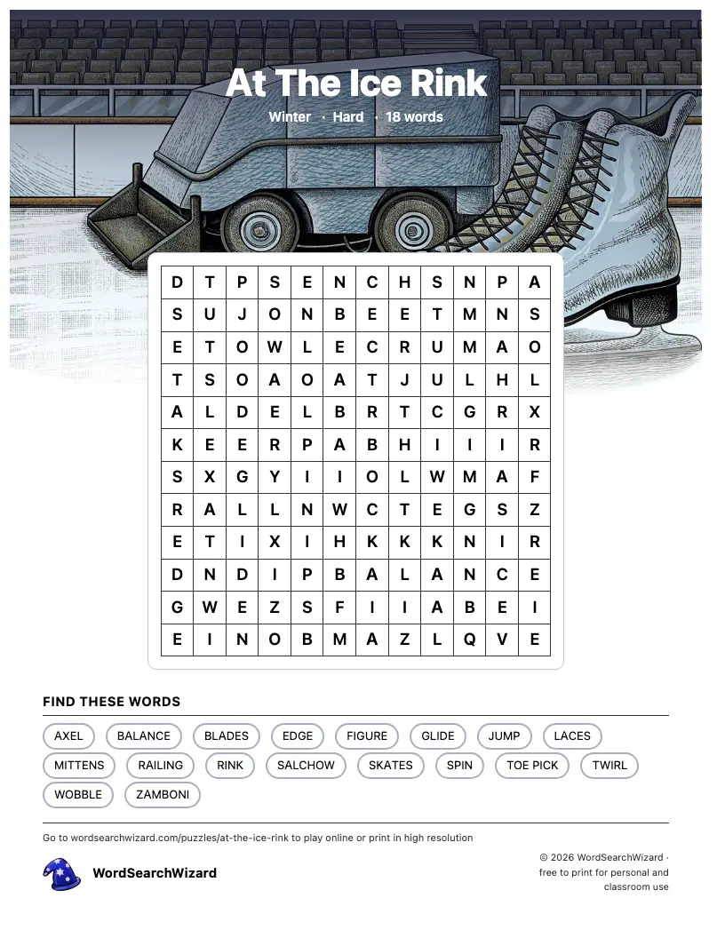 At The Ice Rink word search printable sheet, 18 words to find