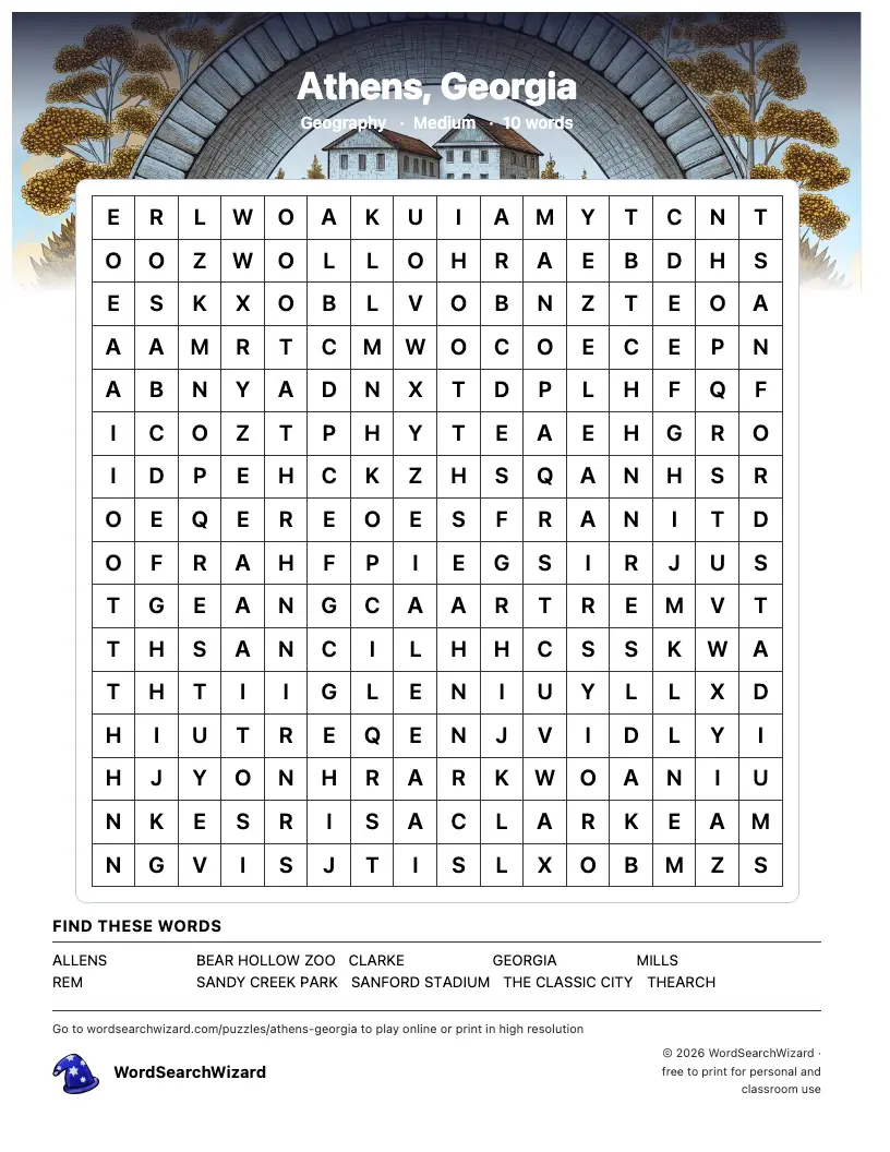 Athens, Georgia word search printable sheet, 10 words to find