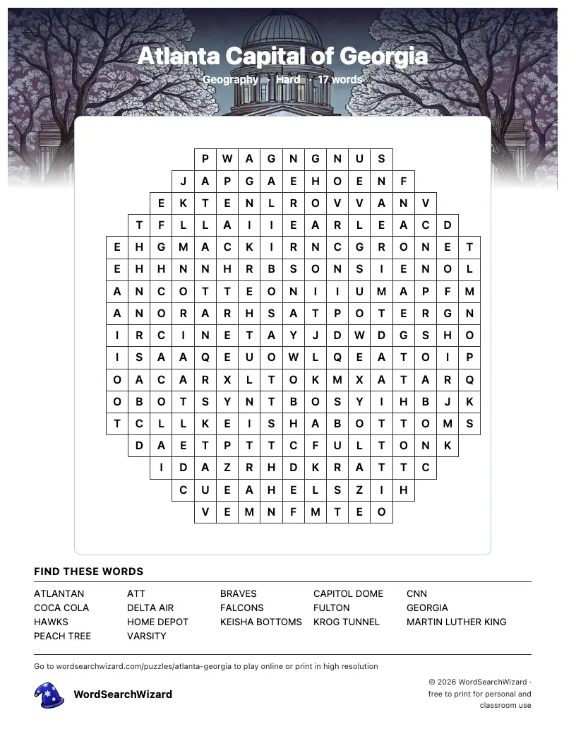 Atlanta Capital of Georgia word search printable sheet, 17 words to find