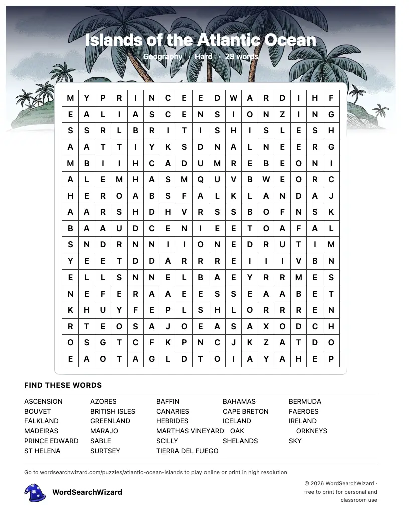 Islands of the Atlantic Ocean word search printable sheet, 28 words to find