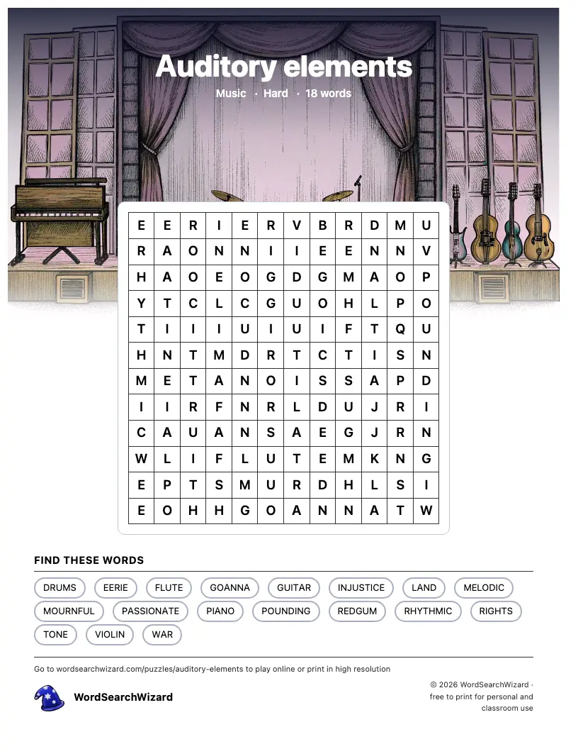 Auditory elements word search printable sheet, 18 words to find