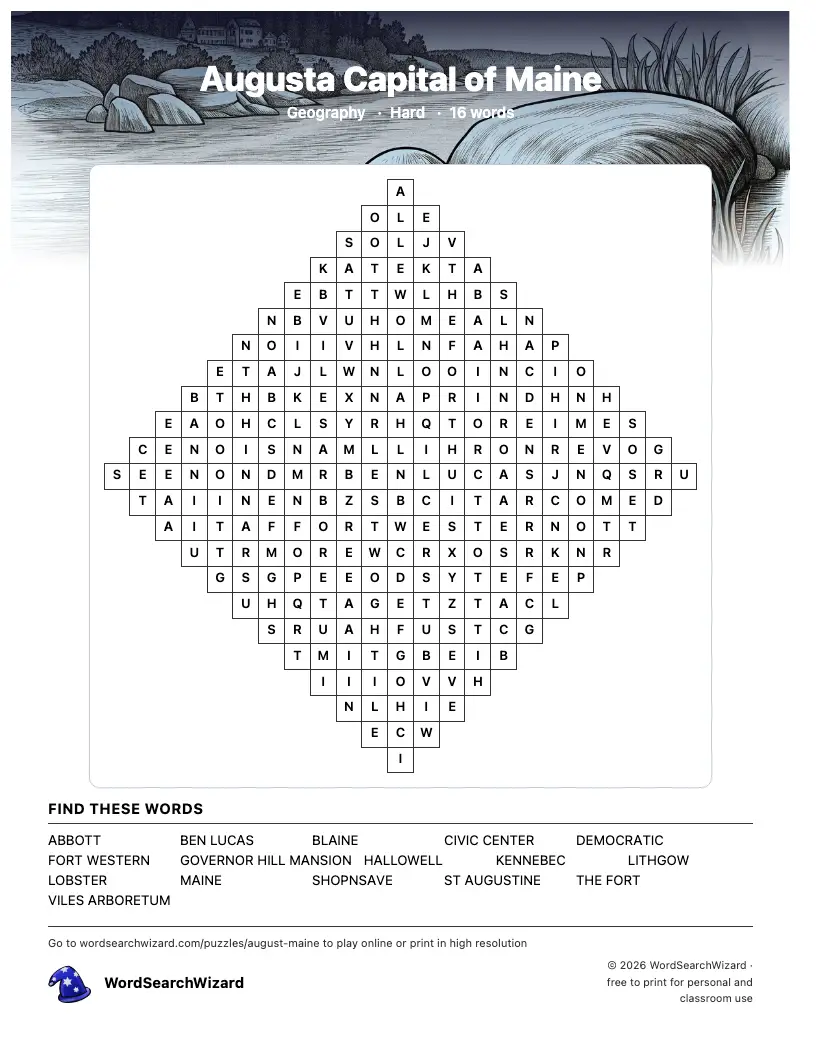 Augusta Capital of Maine word search printable sheet, 16 words to find