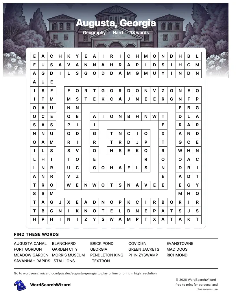 Augusta, Georgia word search printable sheet, 18 words to find