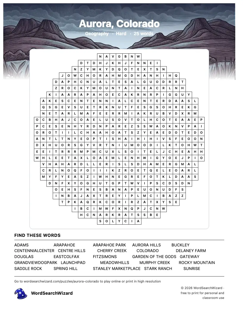Aurora, Colorado word search printable sheet, 25 words to find