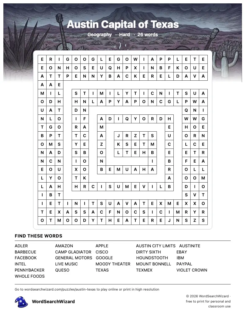 Austin Capital of Texas word search printable sheet, 26 words to find
