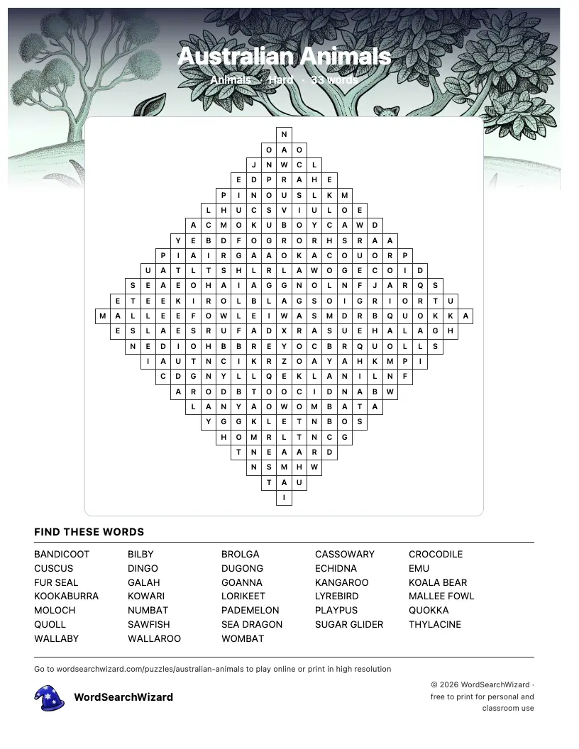 Australian Animals word search printable sheet, 33 words to find