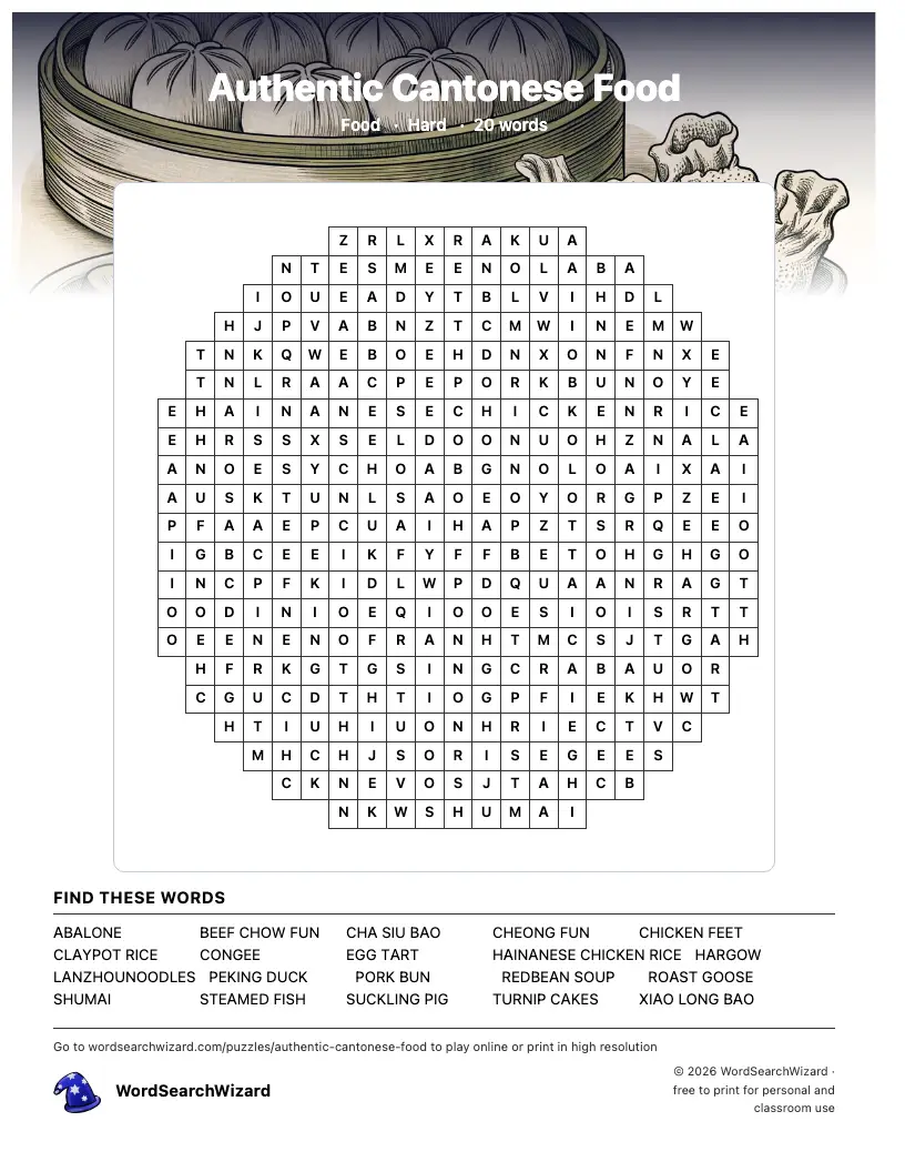 Authentic Cantonese Food word search printable sheet, 20 words to find