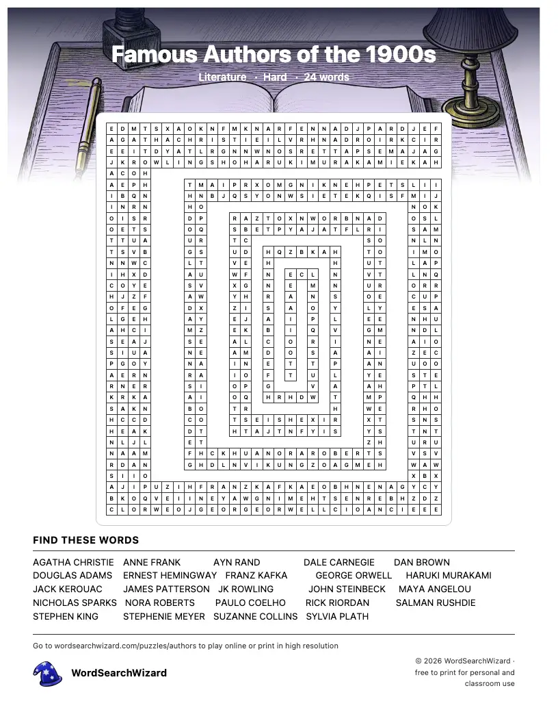 Famous Authors of the 1900s word search printable sheet, 24 words to find