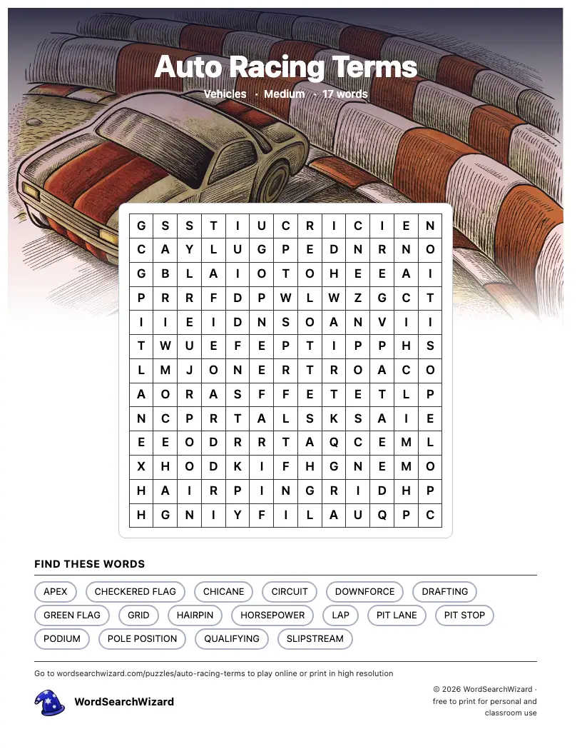 Auto Racing Terms word search printable sheet, 17 words to find