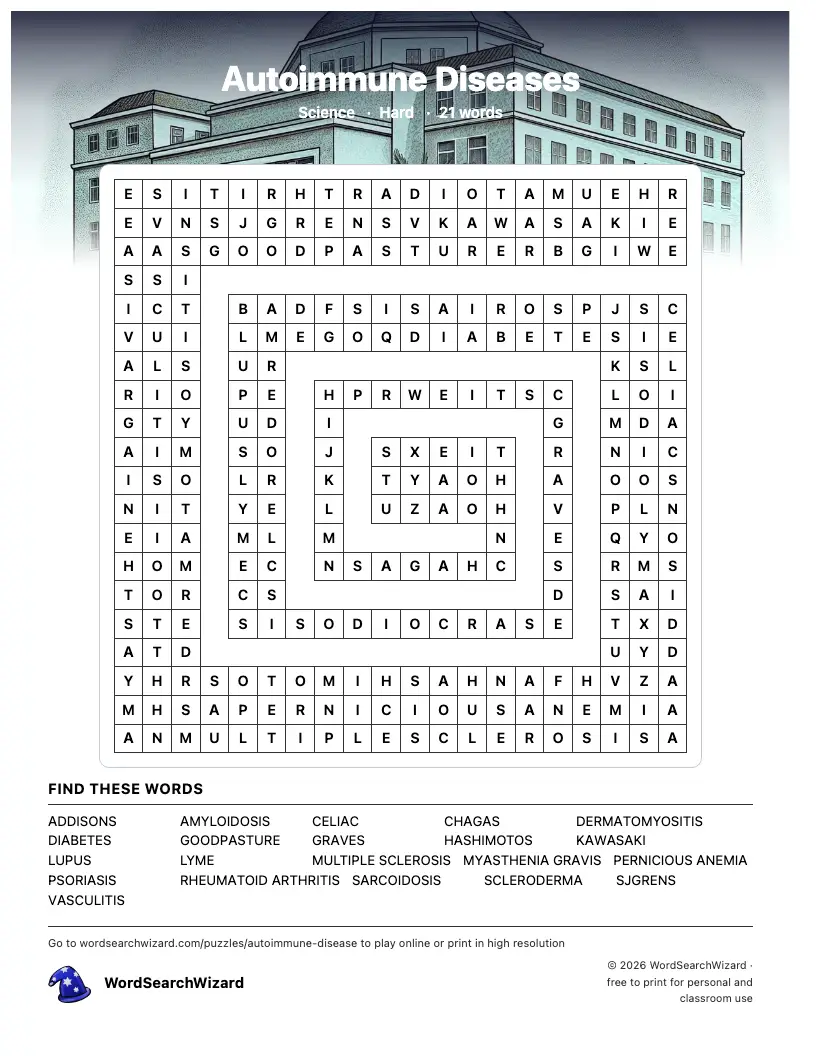 Autoimmune Diseases word search printable sheet, 21 words to find