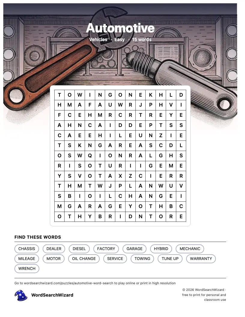 Automotive word search printable sheet, 15 words to find