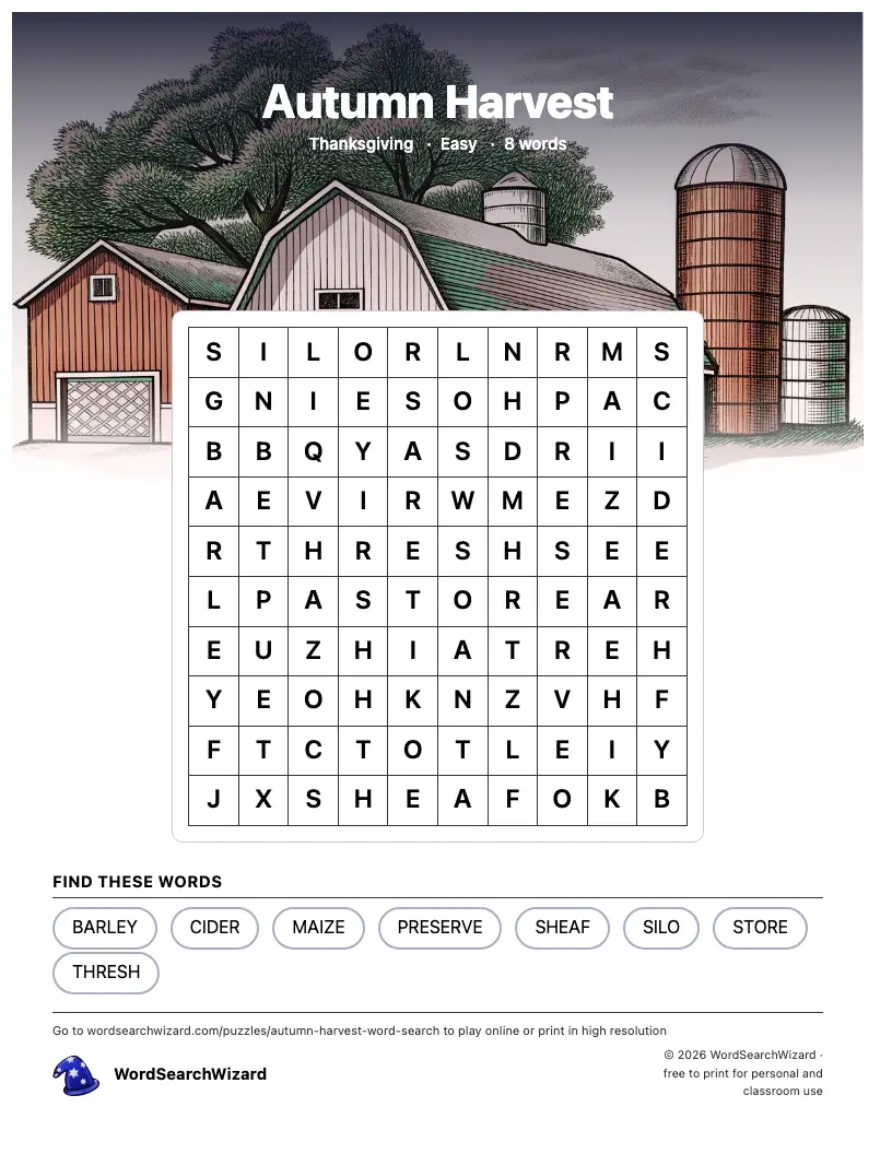 Autumn Harvest word search printable sheet, 8 words to find