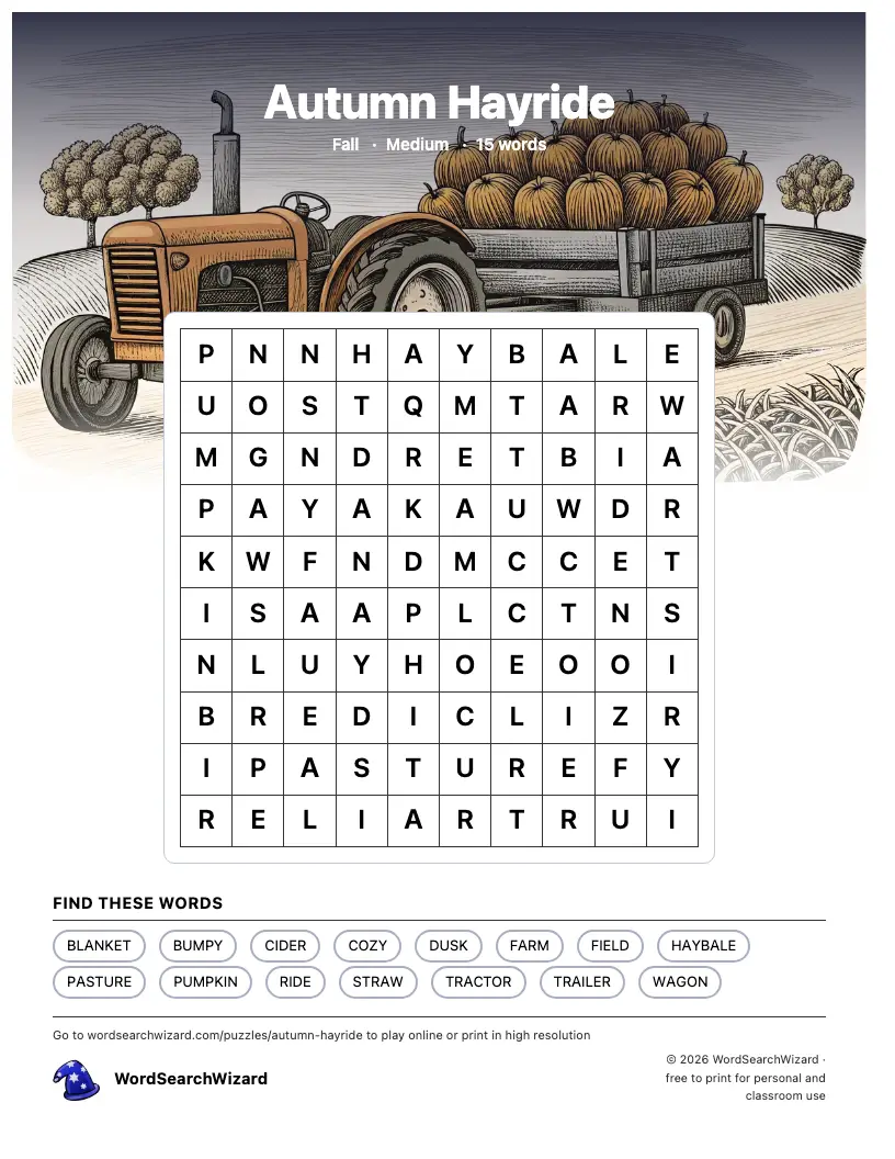 Autumn Hayride word search printable sheet, 15 words to find