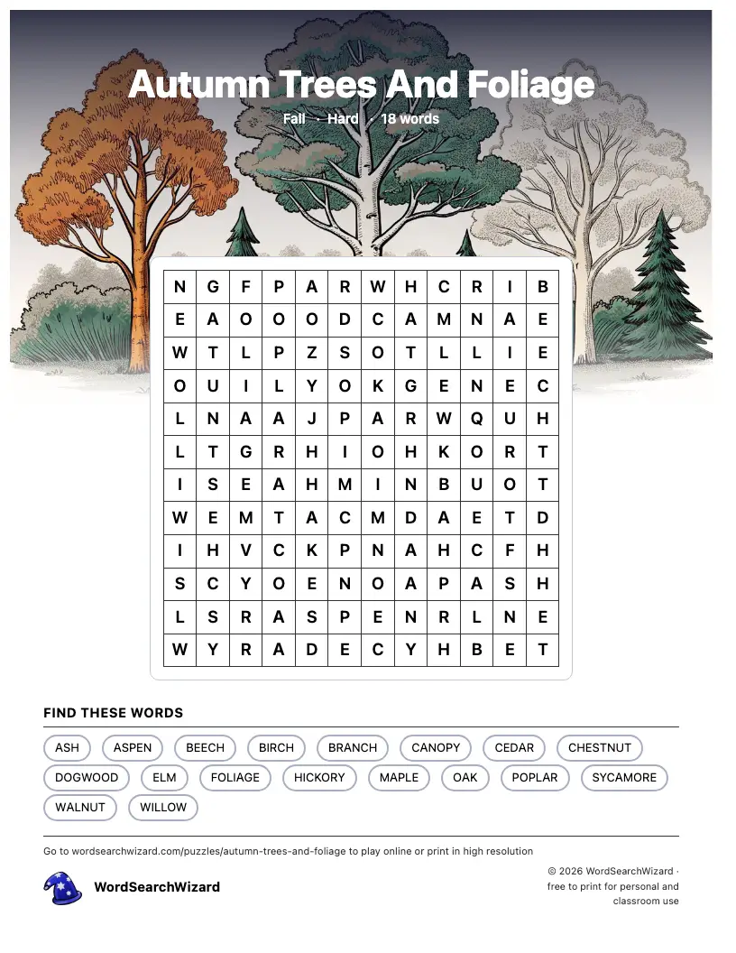 Autumn Trees And Foliage word search printable sheet, 18 words to find
