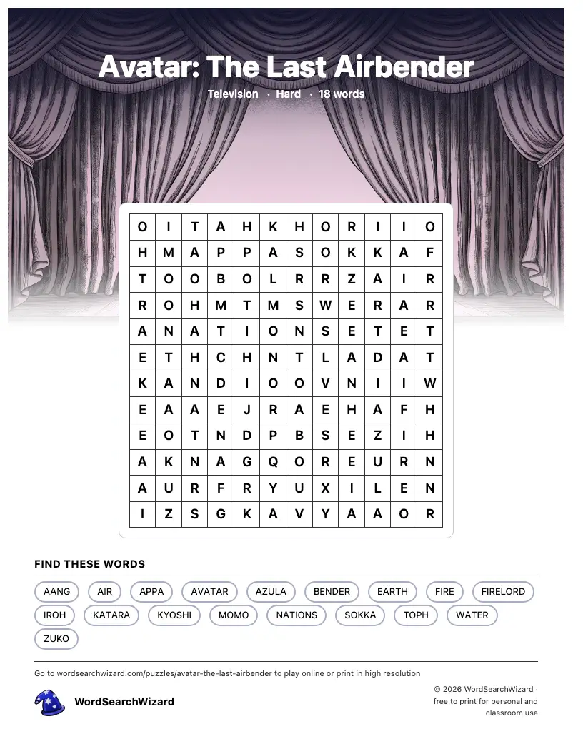 Avatar: The Last Airbender word search printable sheet, 18 words to find