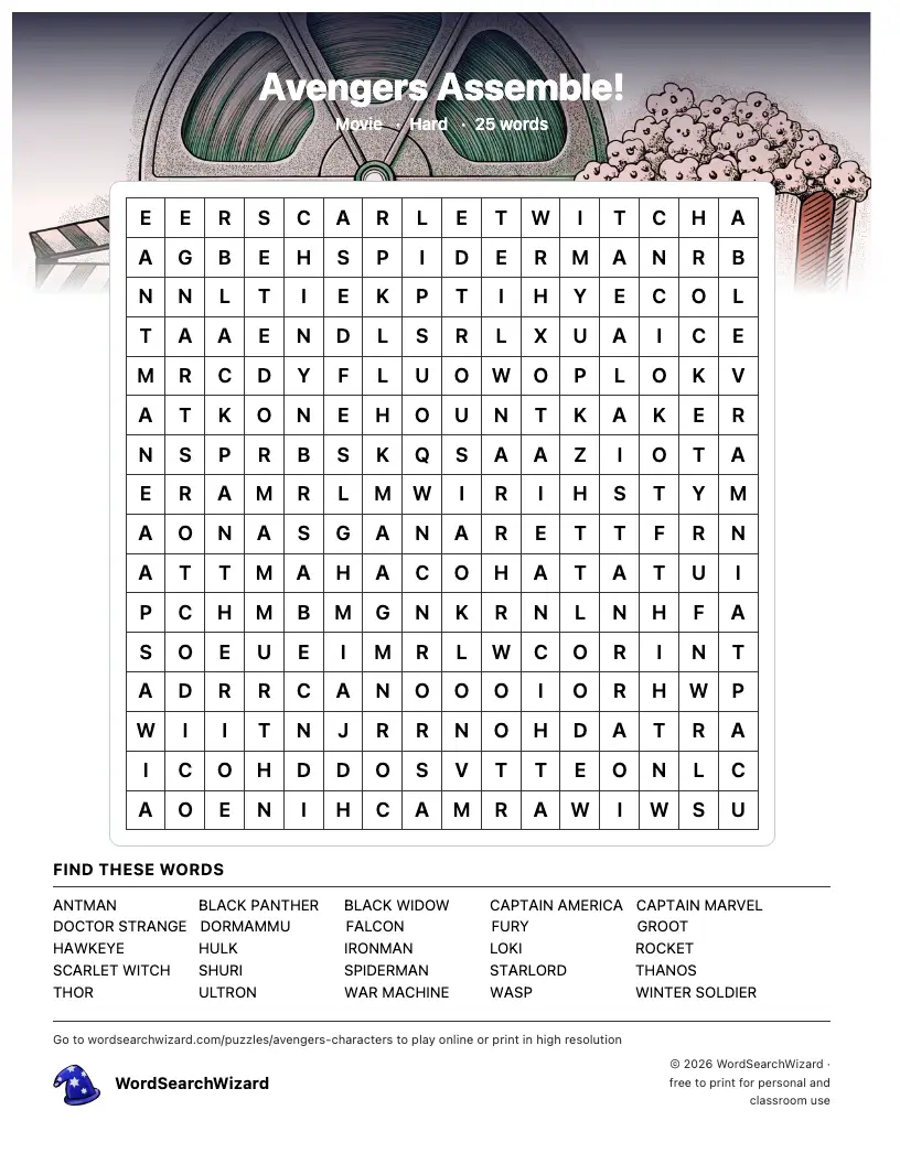 Avengers Assemble! word search printable sheet, 25 words to find