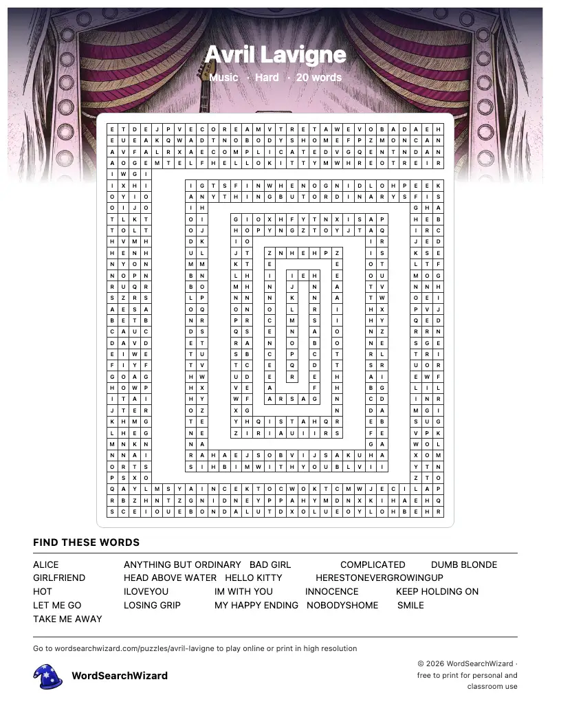 Avril Lavigne word search printable sheet, 20 words to find