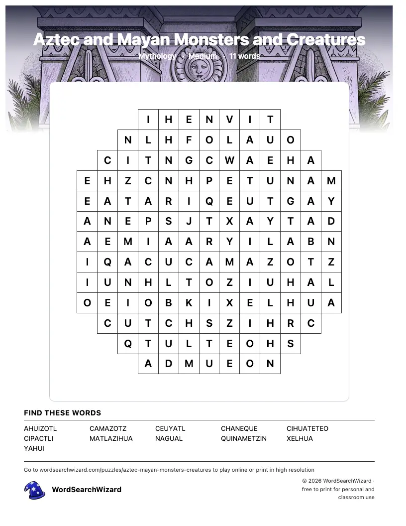 Aztec and Mayan Monsters and Creatures word search printable sheet, 11 words to find