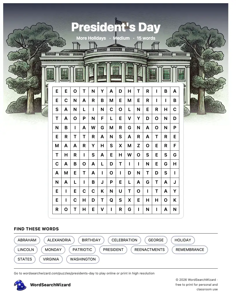 Printable President's Day word search puzzle sheet, 15 words to find