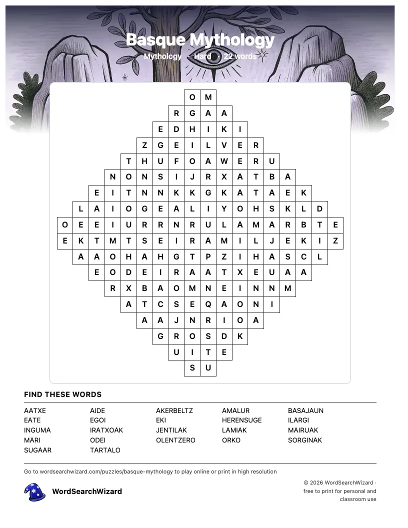 Printable Basque Mythology word search puzzle sheet, 22 words to find