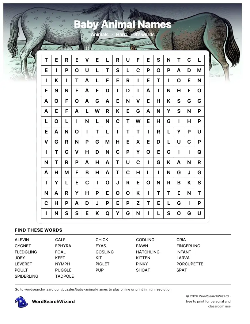 Baby Animal Names word search printable sheet, 32 words to find