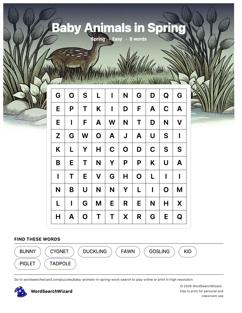 Baby Animals in Spring word search printable sheet, 8 words to find