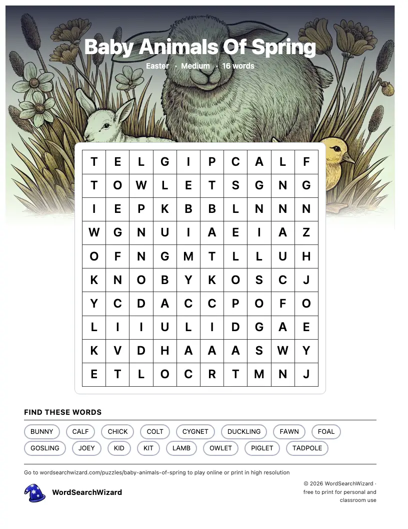 Baby Animals Of Spring word search printable sheet, 16 words to find